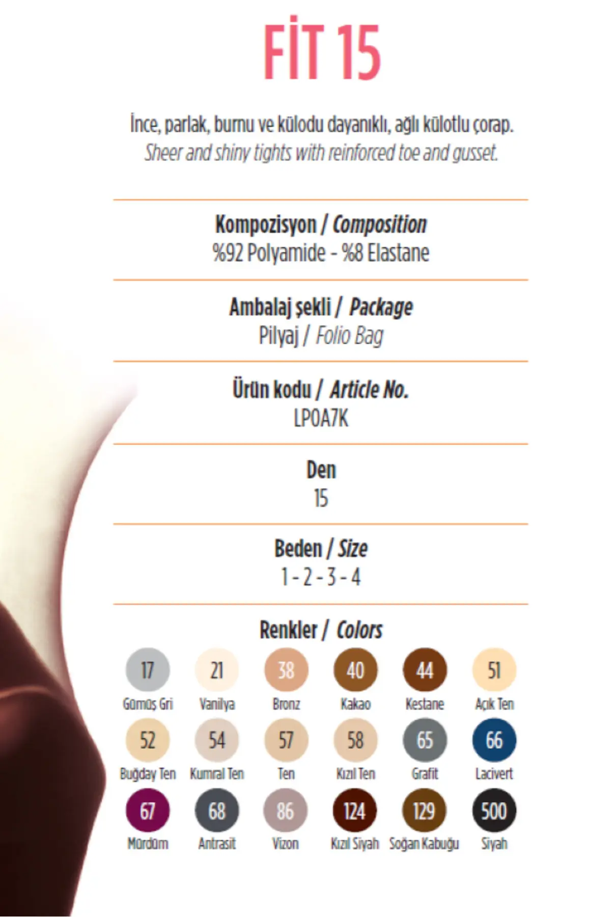 Fit 15 Kakao İnce Parlak Burnu ve Külotu Dayanıklı Ağlı Külotlu Çorap - Görsel 4